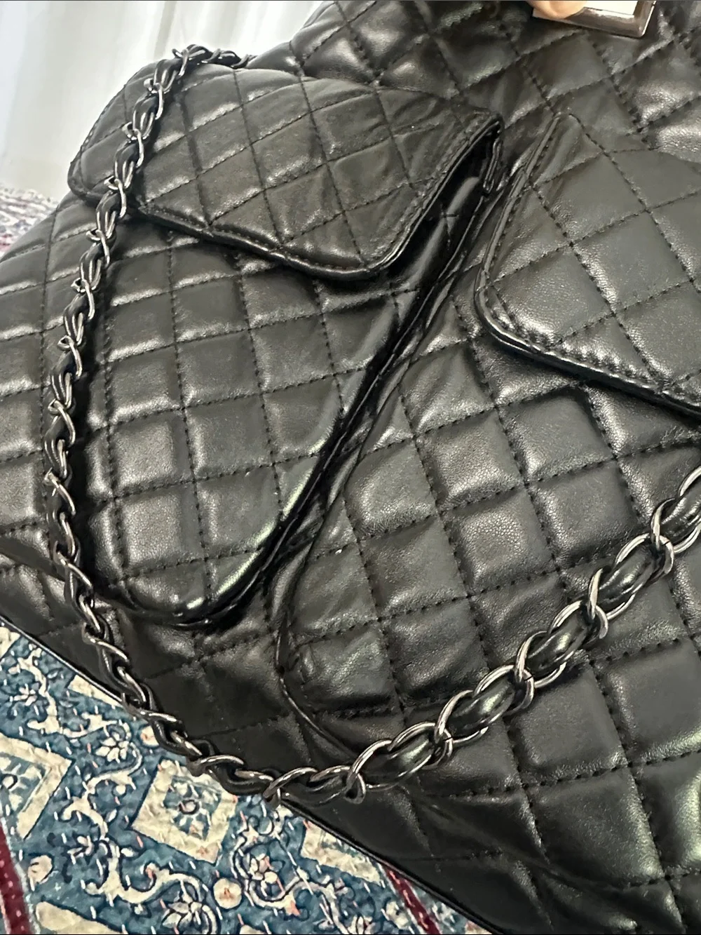 Badgley Mischka Black Quilted Chain-Handle Backpack